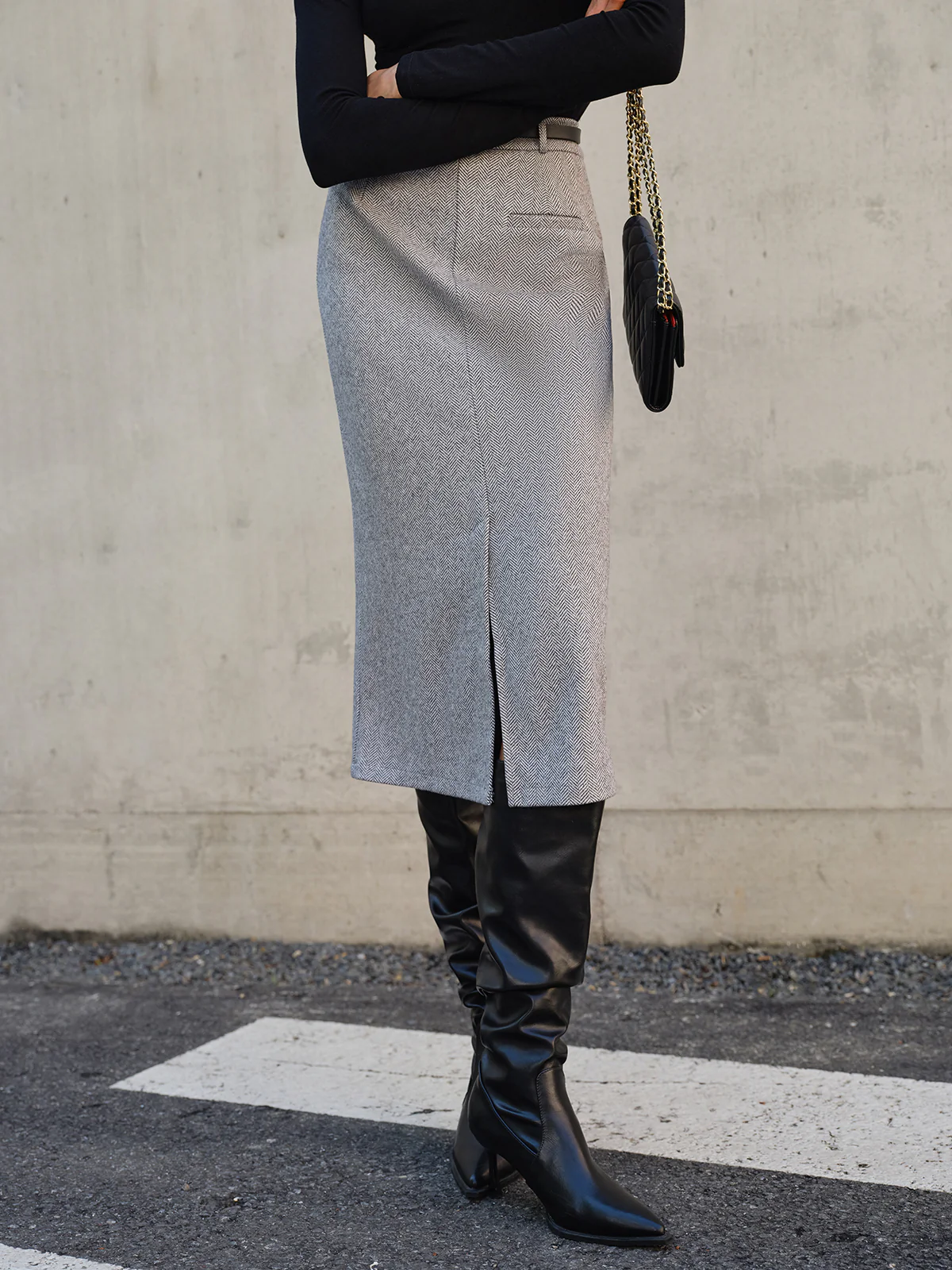 Chevron Split Midi Skirt Without Belt - Takermore