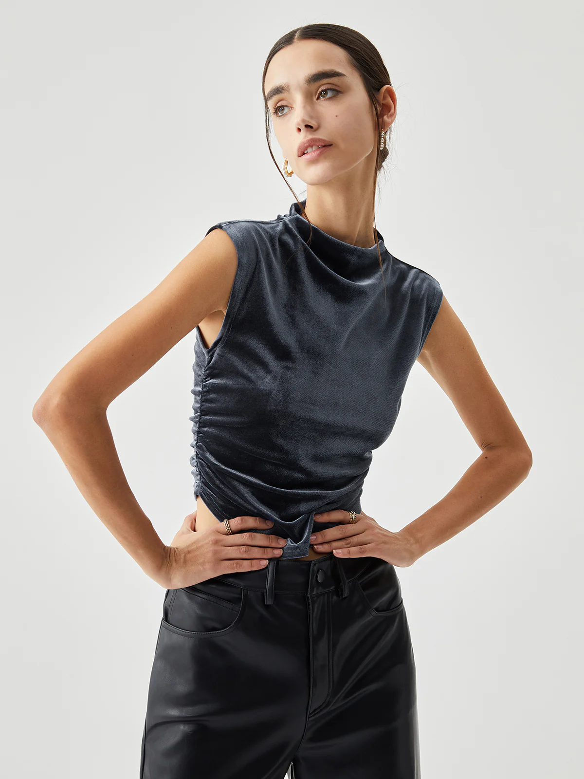 Velvet Draped Mock Neck Sleeveless Crop Top - Takermore