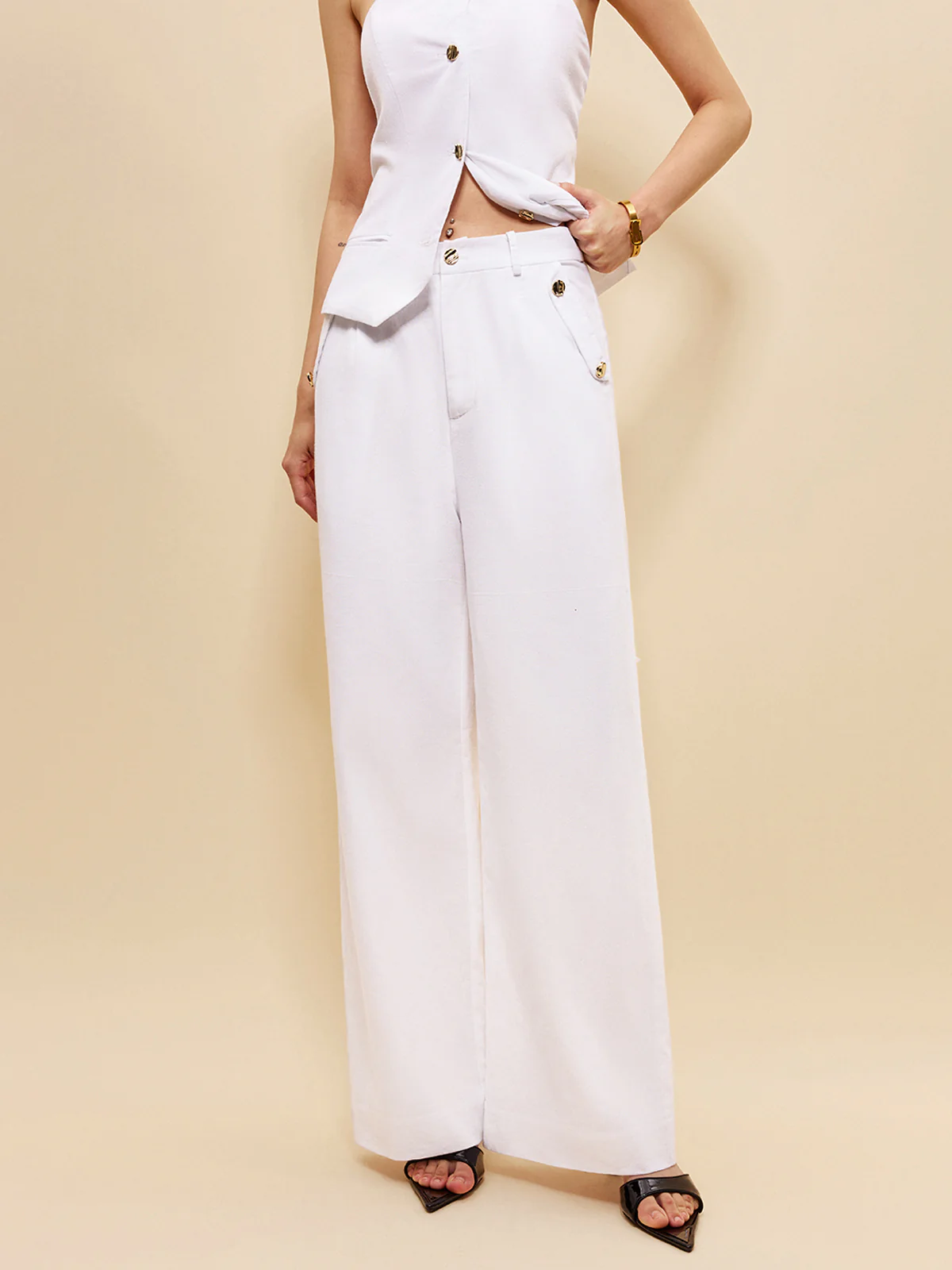 Linen & Cotton Pockets Mid-Waist Pants - Takermore