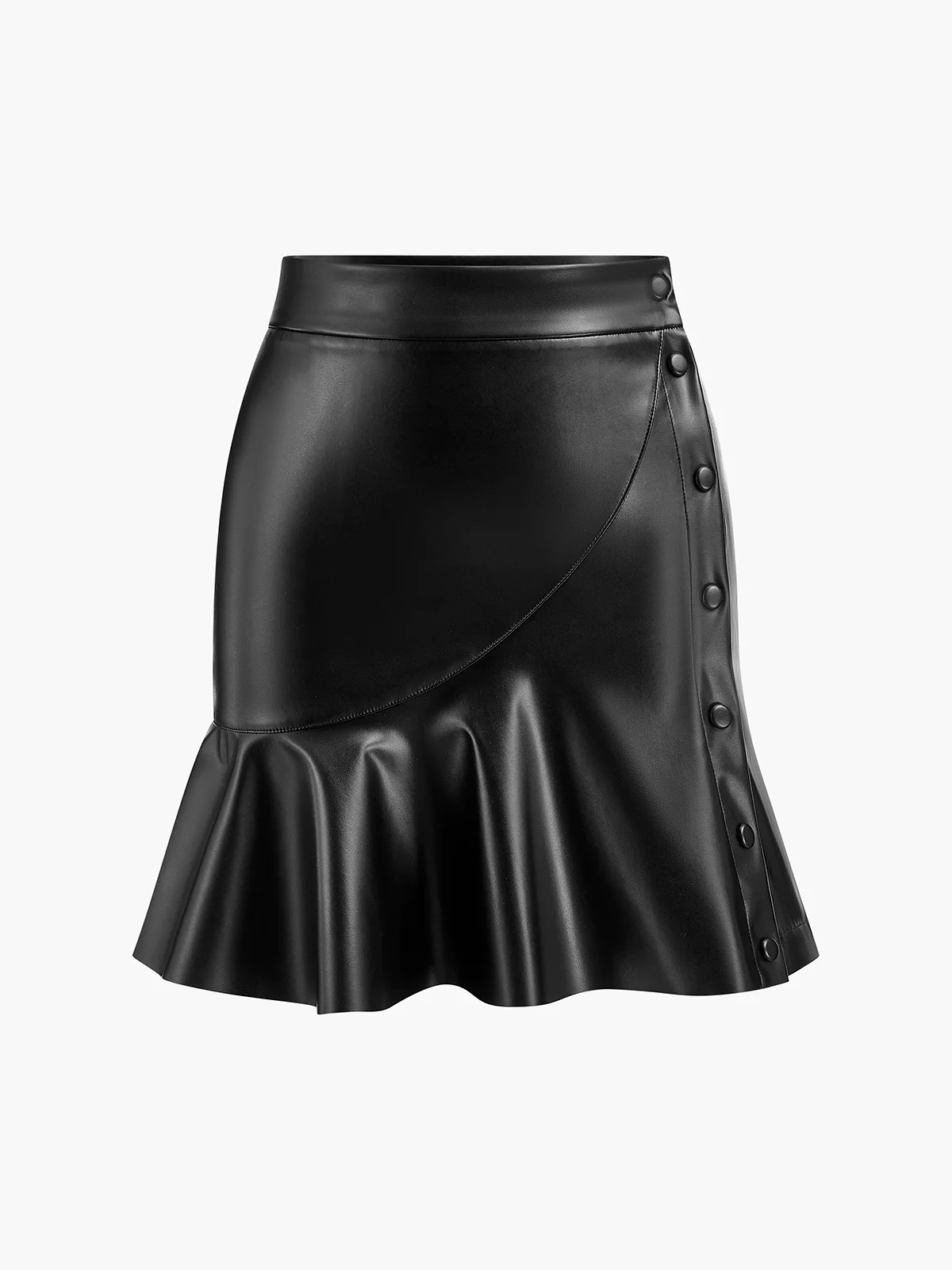 Ruffle Button Clasp PU Leather Skirt - Takermore