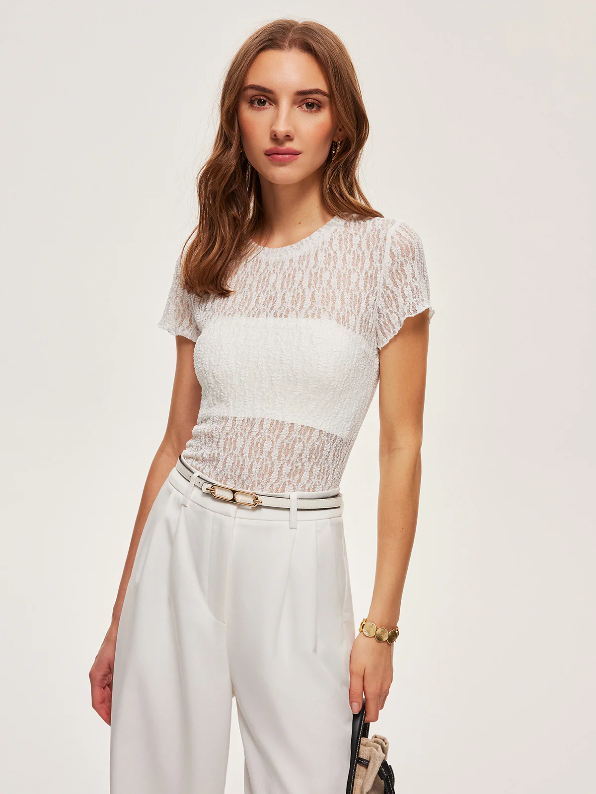 Semi-Sheer Lace Panel T-Shirt - Takermore