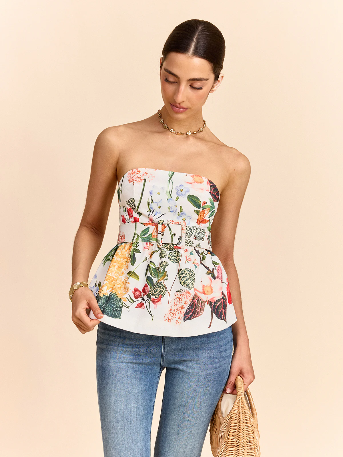 Floral Print Strapless Peplum Top With Belt - Takermore