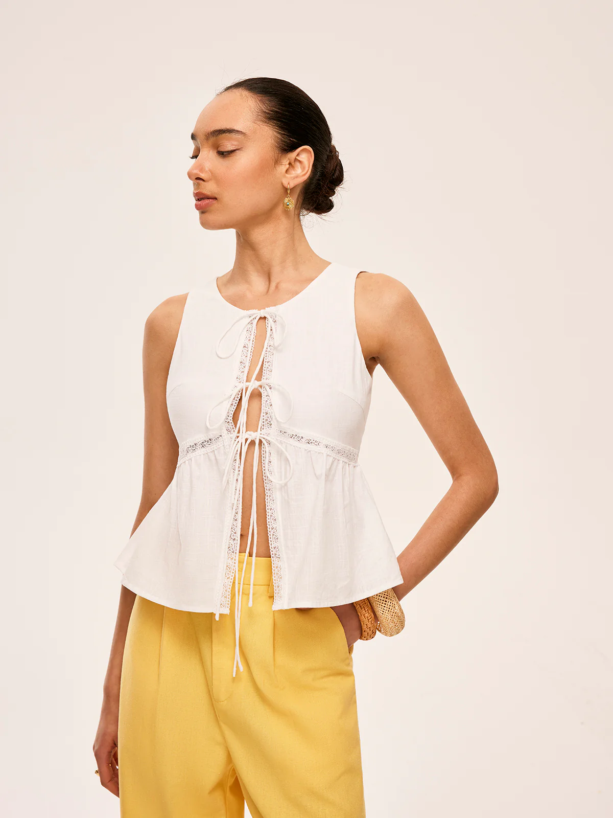 Cotton Lace-Up Detail Semi-Sheer Top - Takermore