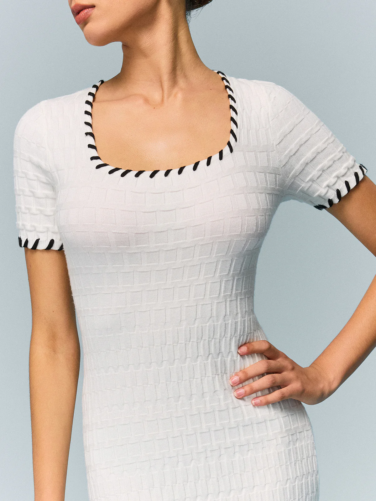 Textured Knit Midi Dress with Striped Hem - Takermore