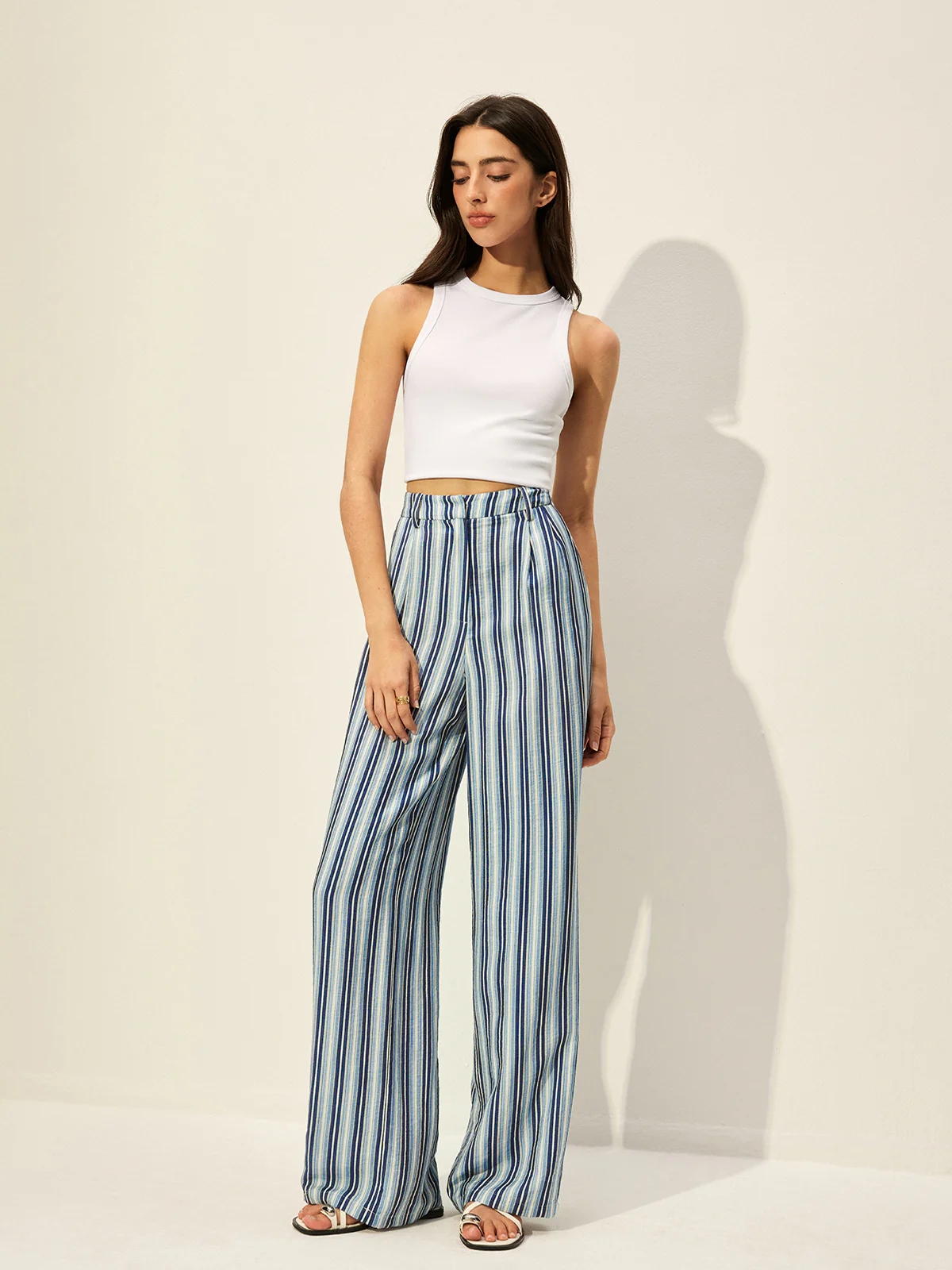 Cotton Blend High-Waist Striped Pants - Takermore