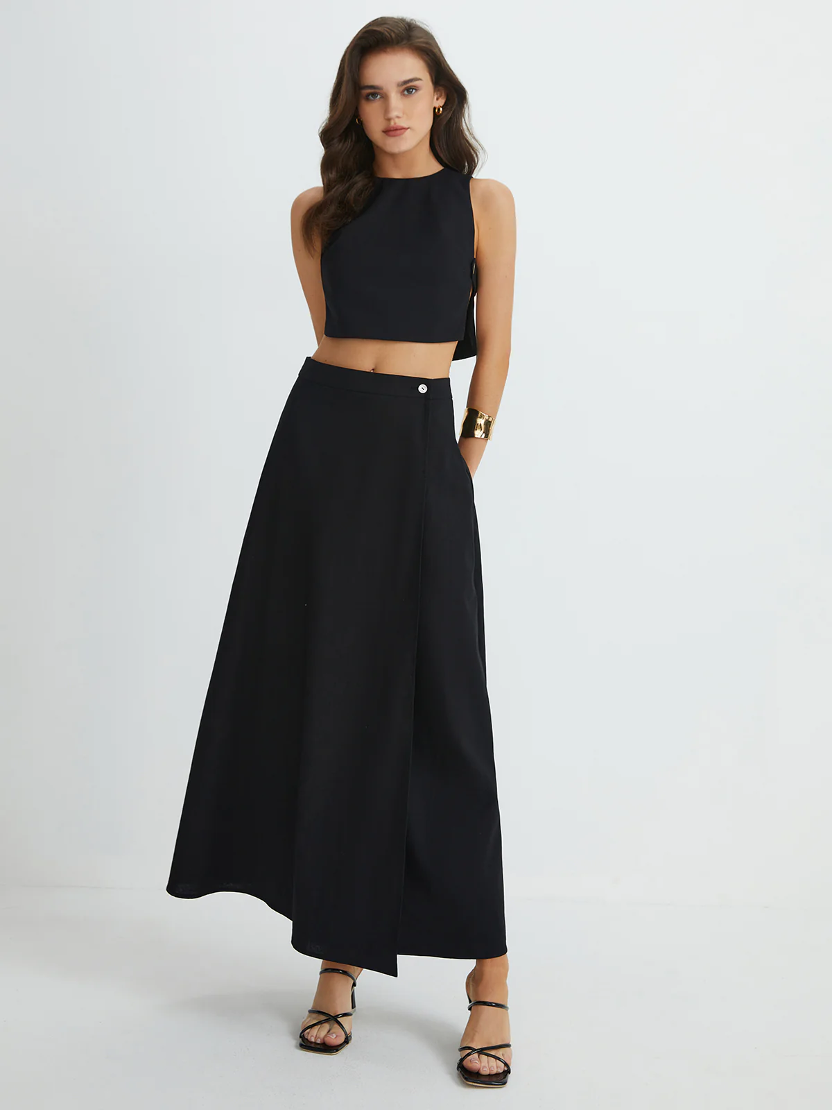 Plain Button Detail Top With Split Maxi Skirt Set - Takermore