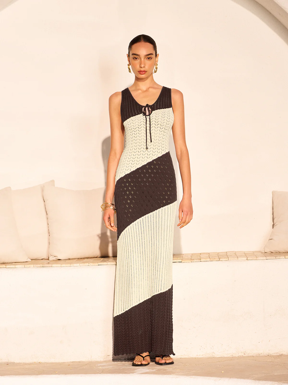 Two-Tone Crochet Front Tie Knit Dress - Takermore