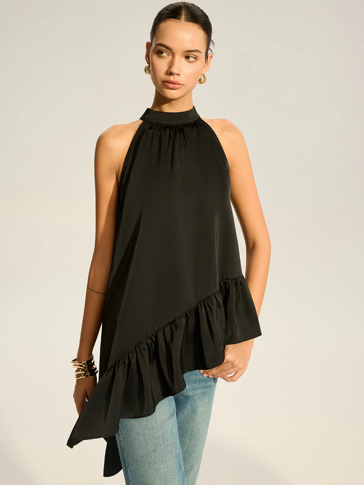 Asymmetric Ruffle Hem Halter Top - Takermore