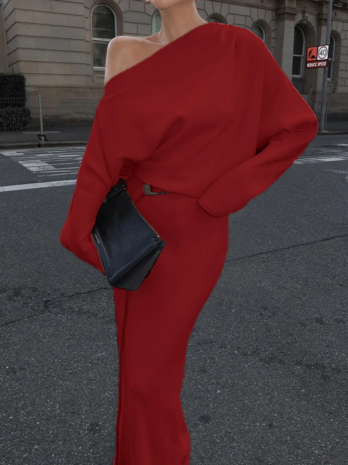 Asymmetrical Off Shoulder Solid Long Sleeve Maxi Dress - Takermore