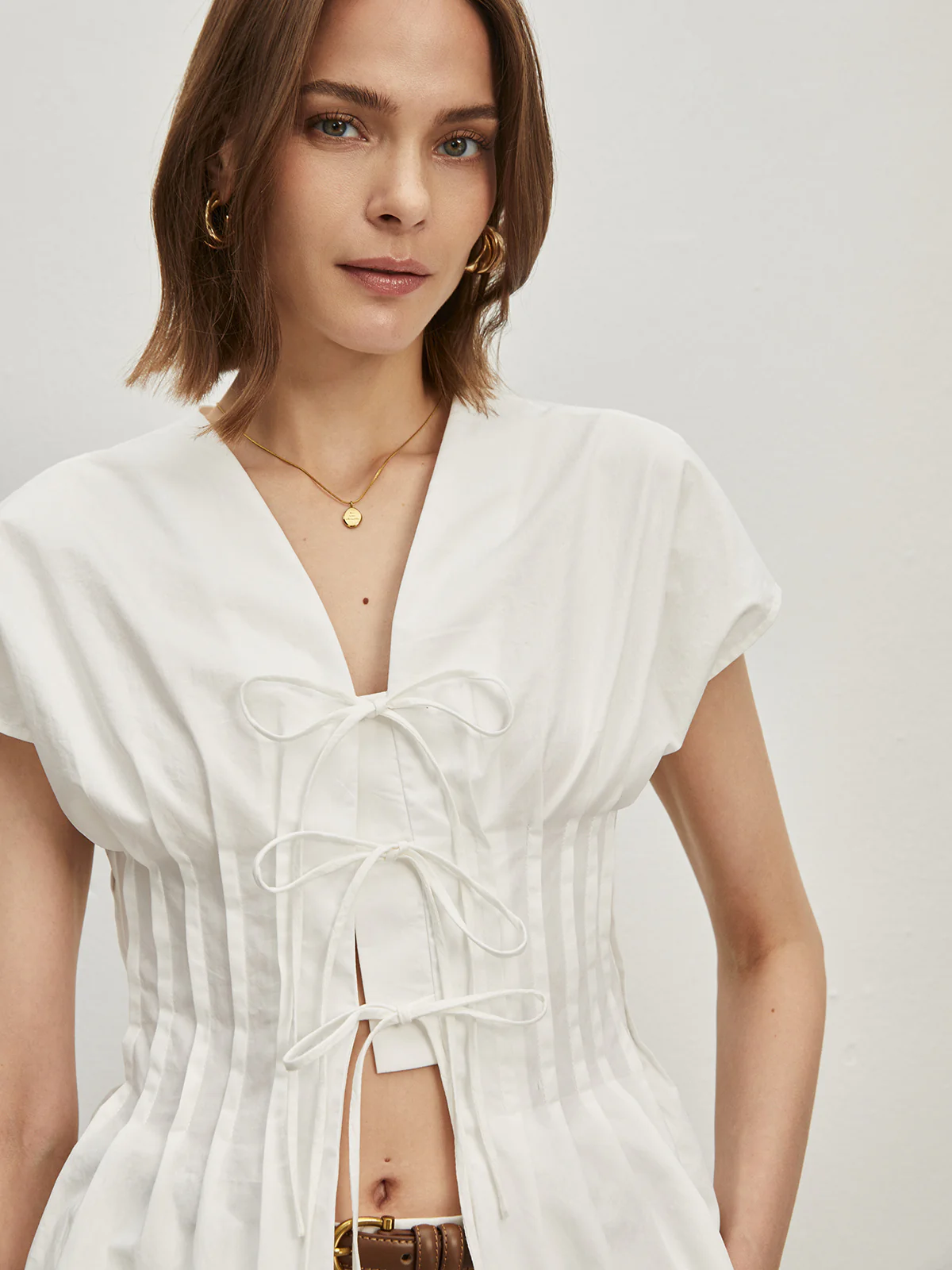 Cotton Pleated Knotted Blouse - Takermore