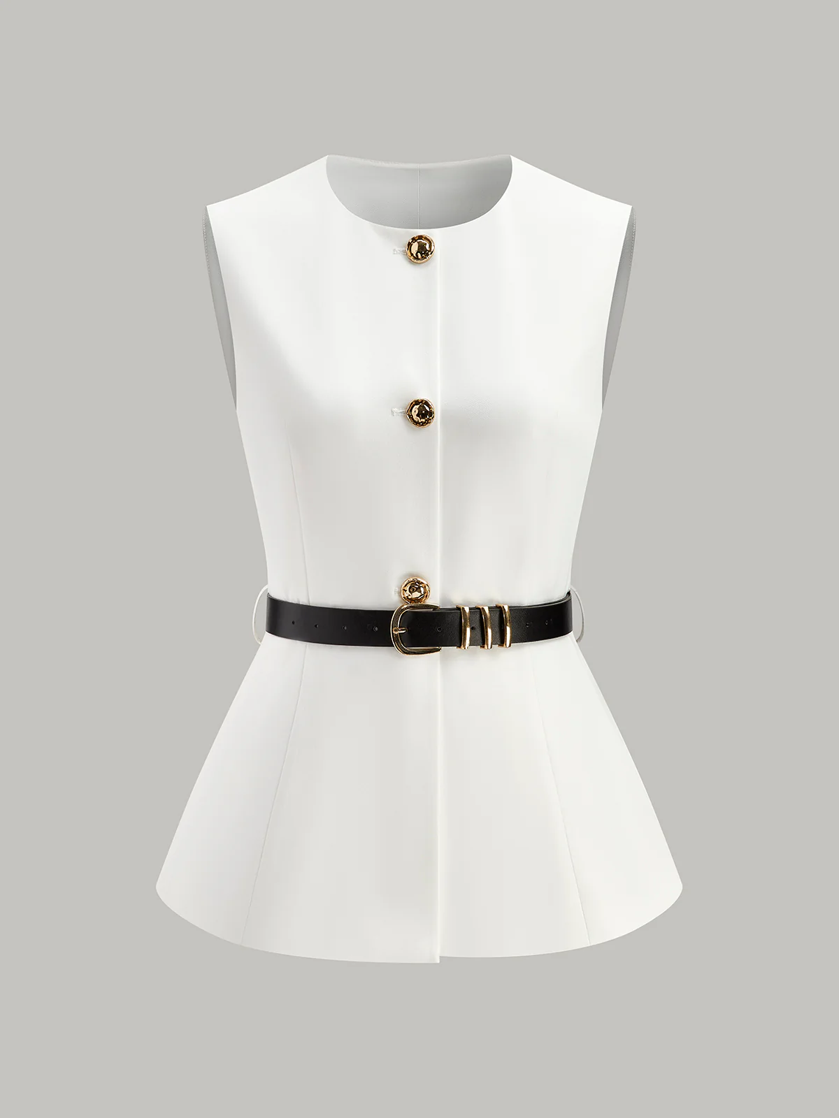 Button Detail Pockets Top With Belt - Takermore