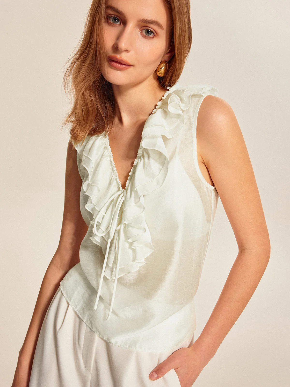 Semi-Sheer Ruffled Tie-Front Top - Takermore