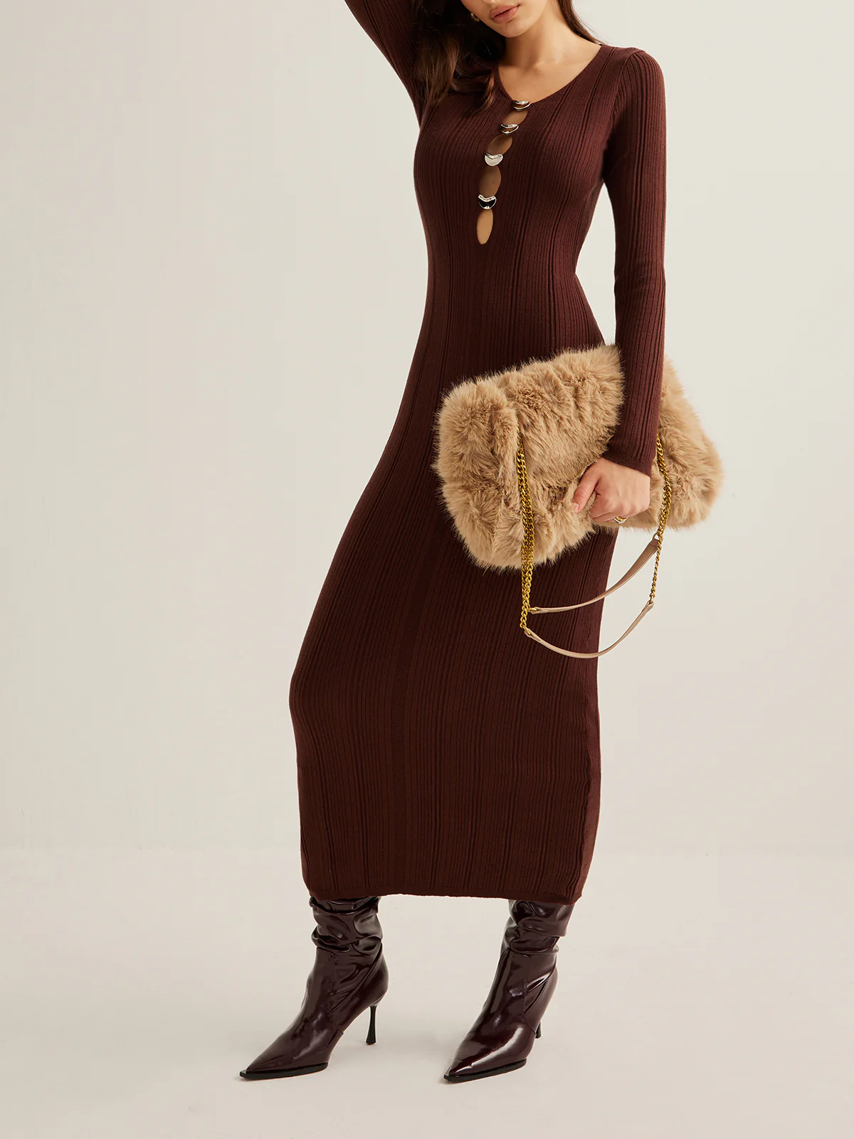 Cutout Slim Sweater Long Dress - Takermore