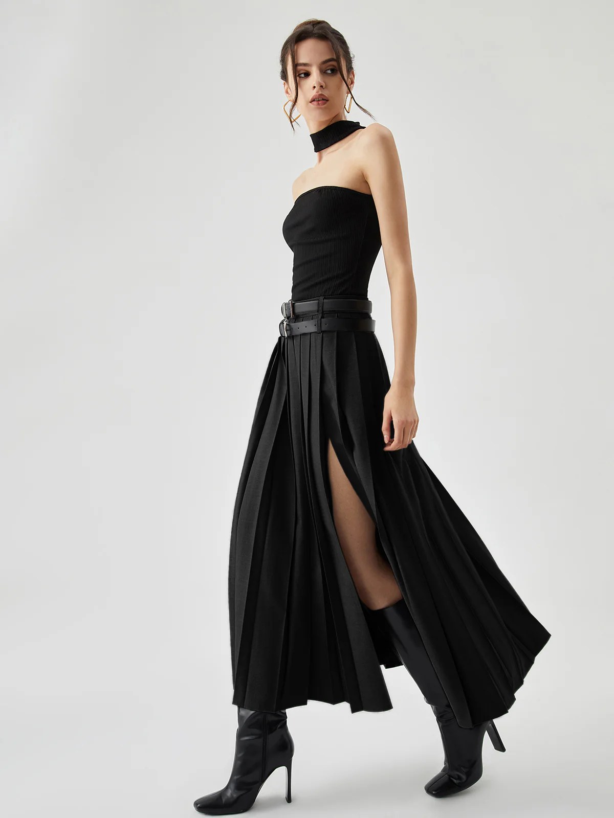 Pleated Split Maxi Skirt Without Belt - Takermore