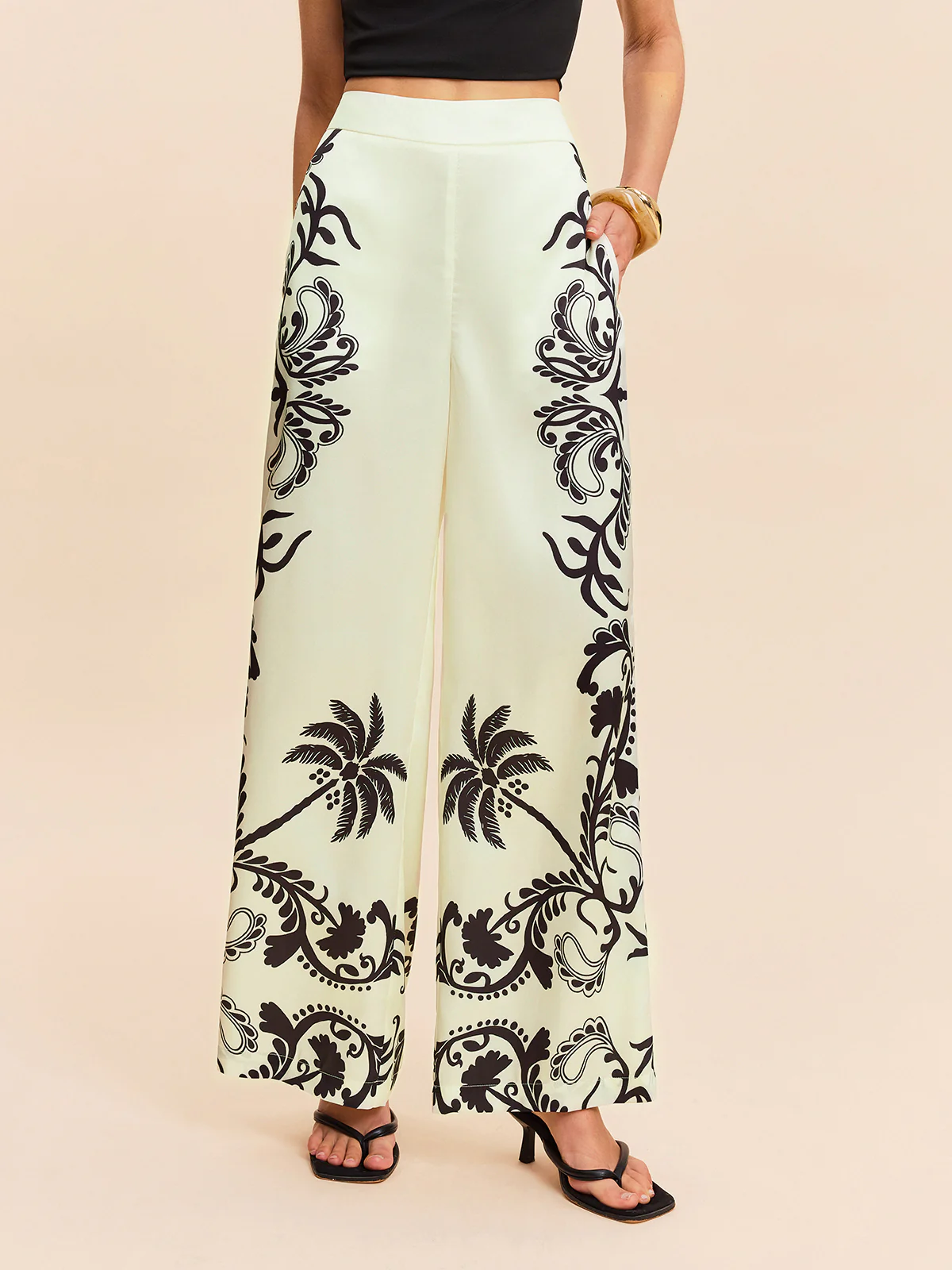High-Waist Tropical Print Satin Pants - Takermore