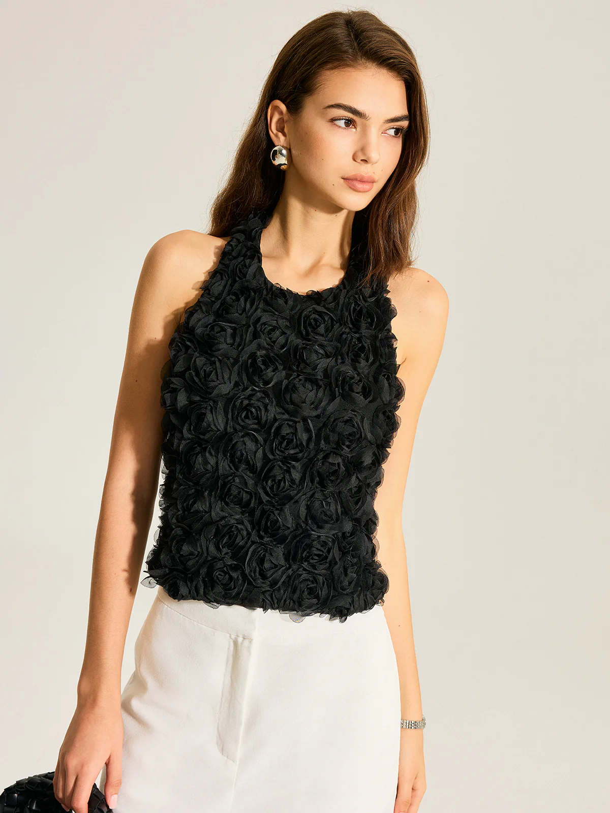 3D Floral Backless Bow Halter Top - Takermore