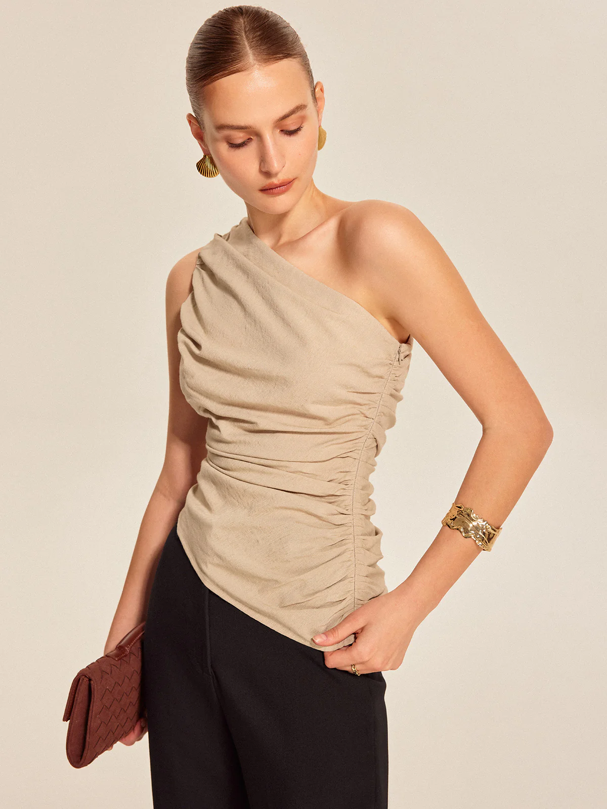 Ruched Side One-Shoulder Top - Takermore