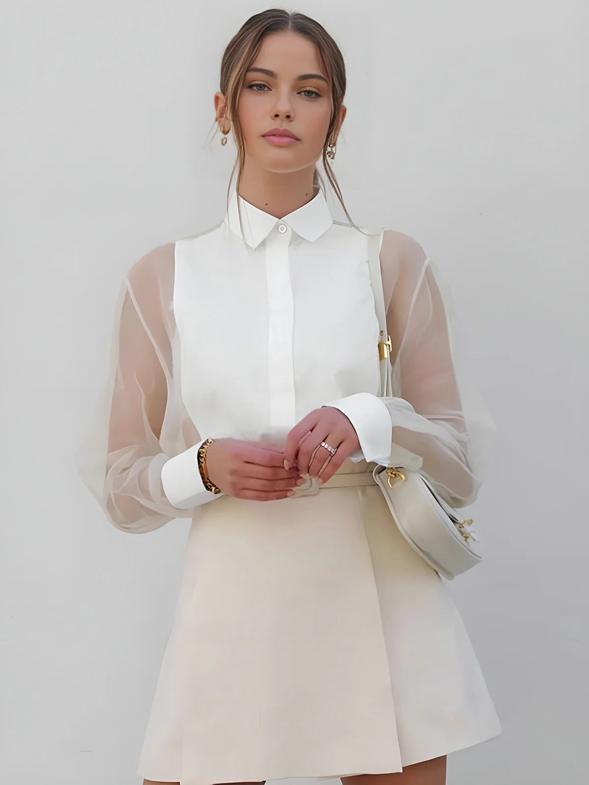 Semi-Sheer Puff Sleeve Organza Shirt - Takermore