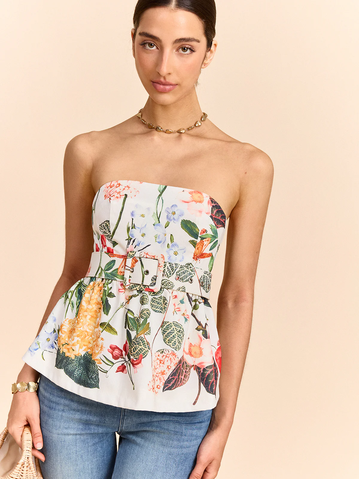 Floral Print Strapless Peplum Top With Belt - Takermore