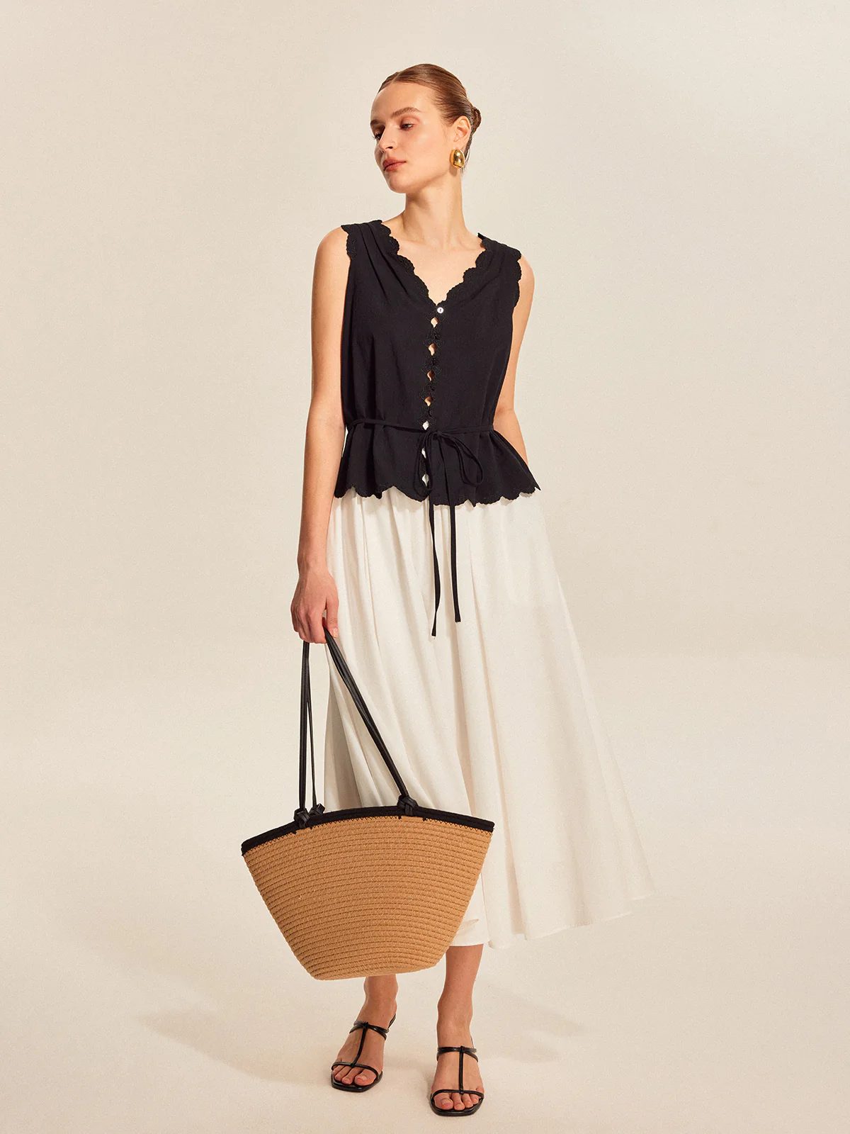 Lace-Trim Scalloped Button-Up Top - Takermore