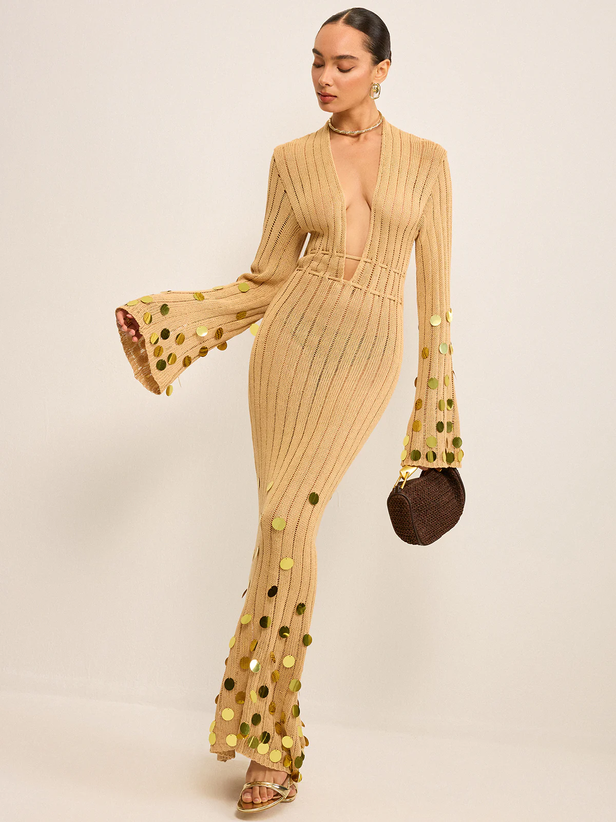 Knit Maxi Dress with Sequin Embellishments - Takermore