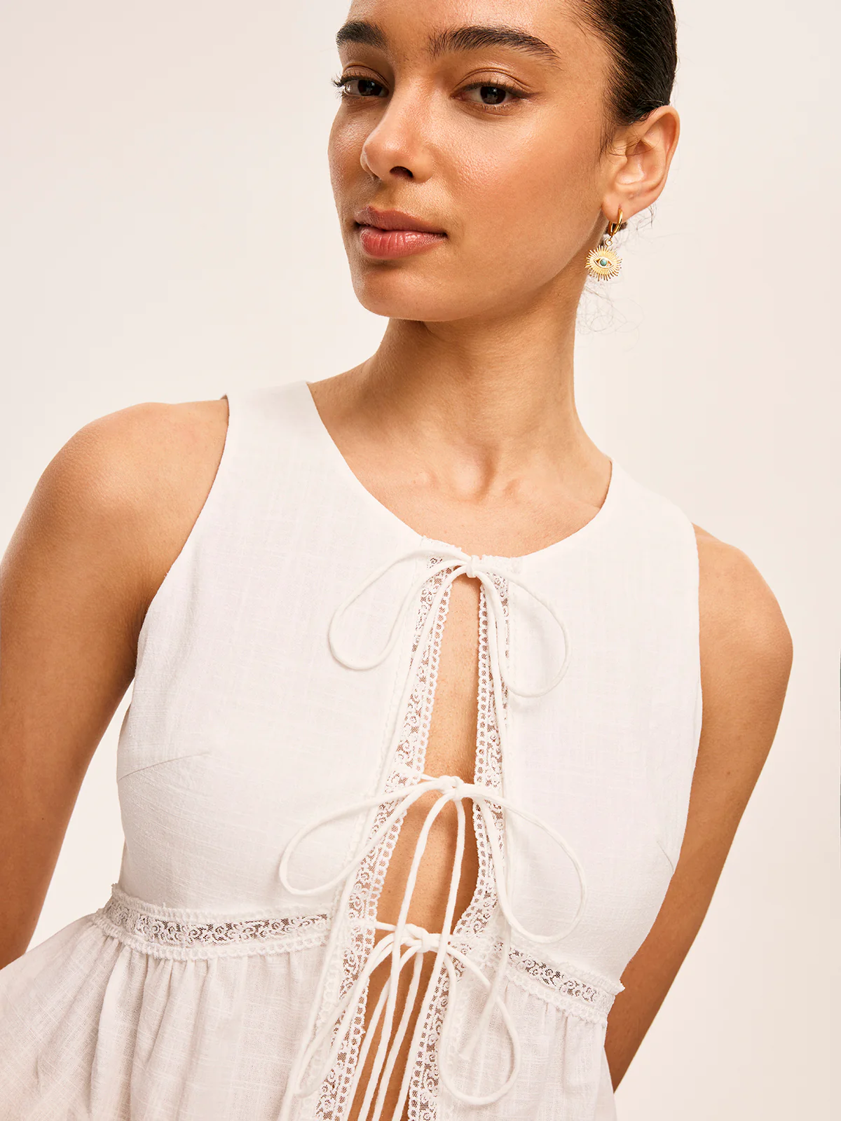 Cotton Lace-Up Detail Semi-Sheer Top - Takermore