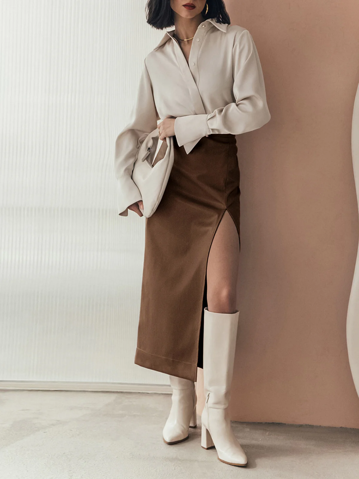 Quiet Luxury Faux Leather Slit Midi Skirt - Takermore