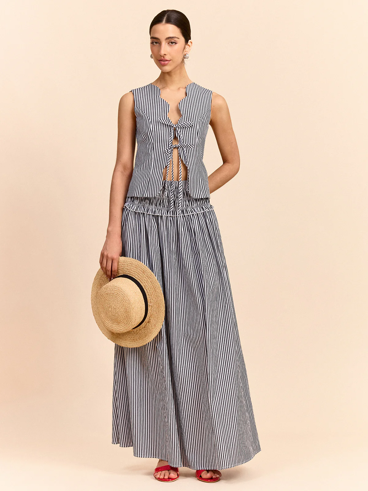 Striped Skirt Set with Tie-Front Top - Takermore