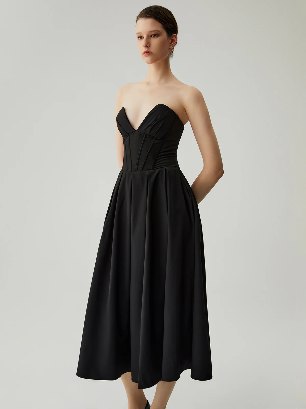 Double Pockets Pleated Zip Corset Tube Midi Dress - Takermore