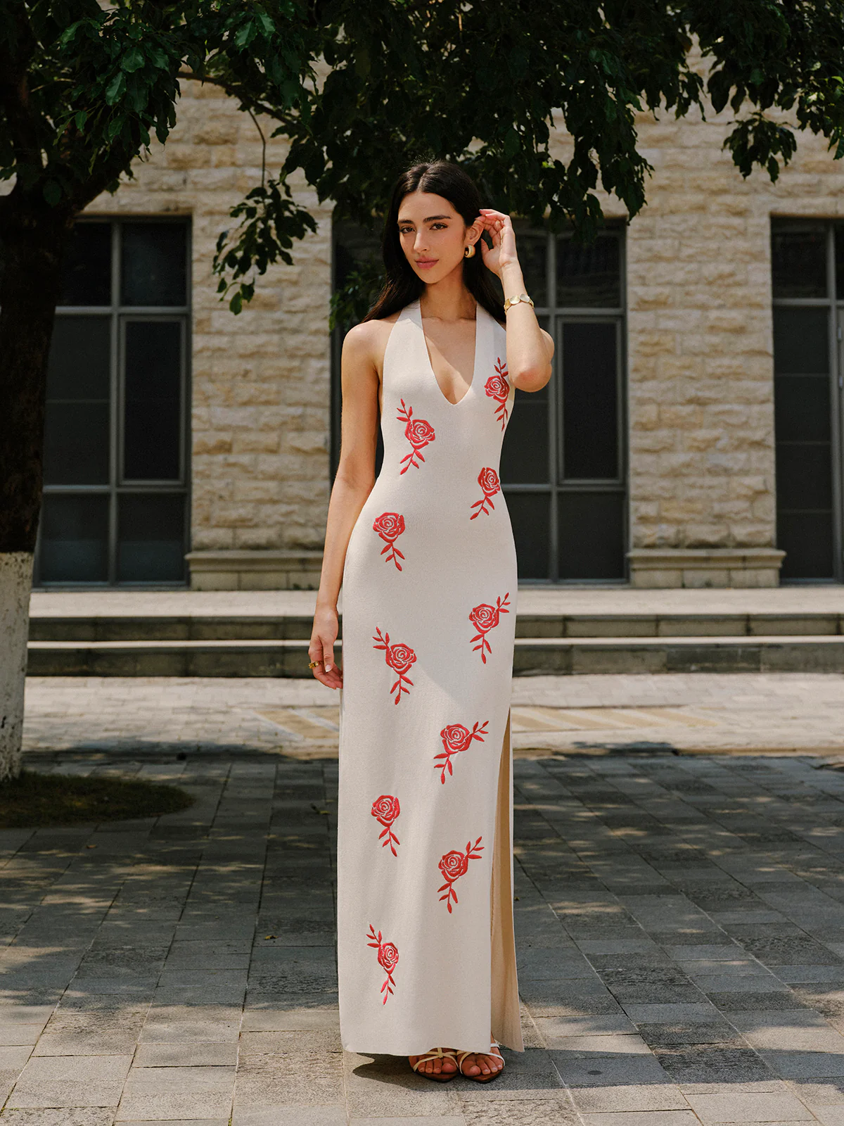 Embroidered Split Knit Halter Dress - Takermore