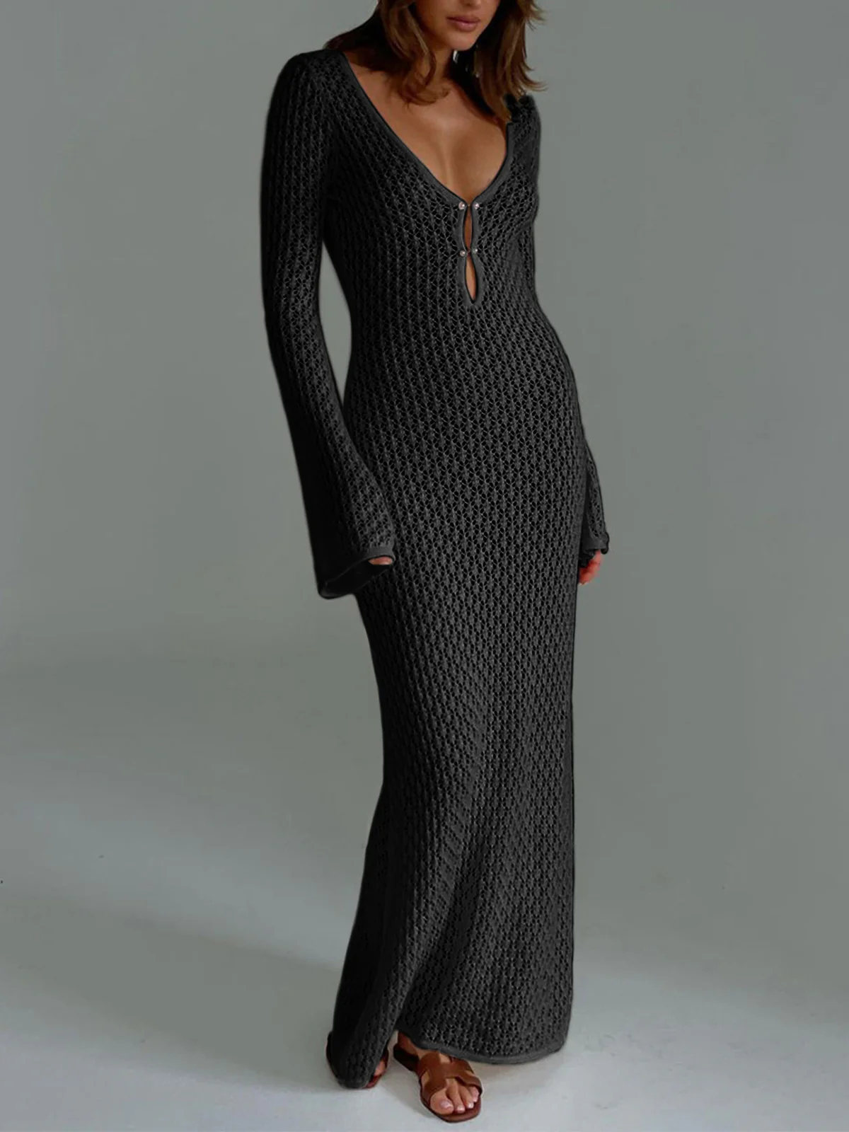 Cover Up Long Sleeve Open Back Long Dress - Takermore