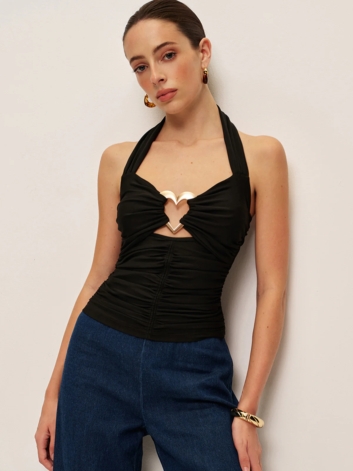 Heart Detail Ruched Halter Top - Takermore