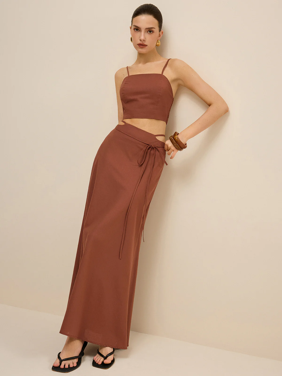 Cut-Out Waist Tie-Detail Skirt Set - Takermore