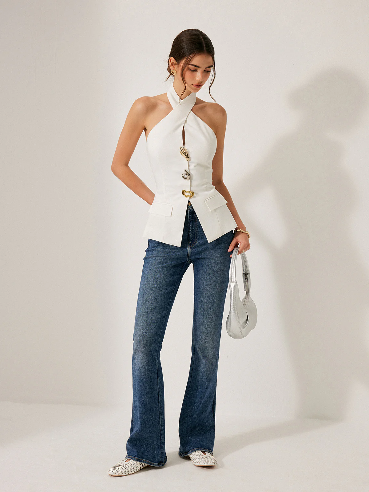 Cotton & Linen Cross-Back Halter Top With Decor Pockets - Takermore