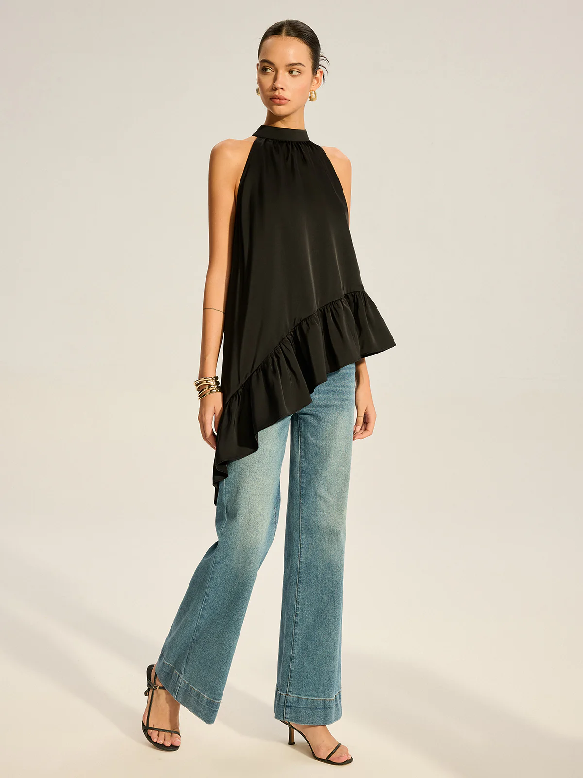 Asymmetric Ruffle Hem Halter Top - Takermore