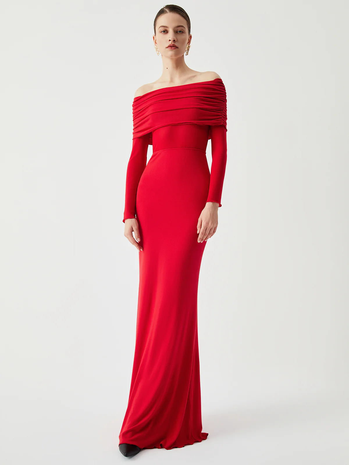 Semi-Sheer Off-Shoulder Mesh Long Sleeve Long Dress - Takermore