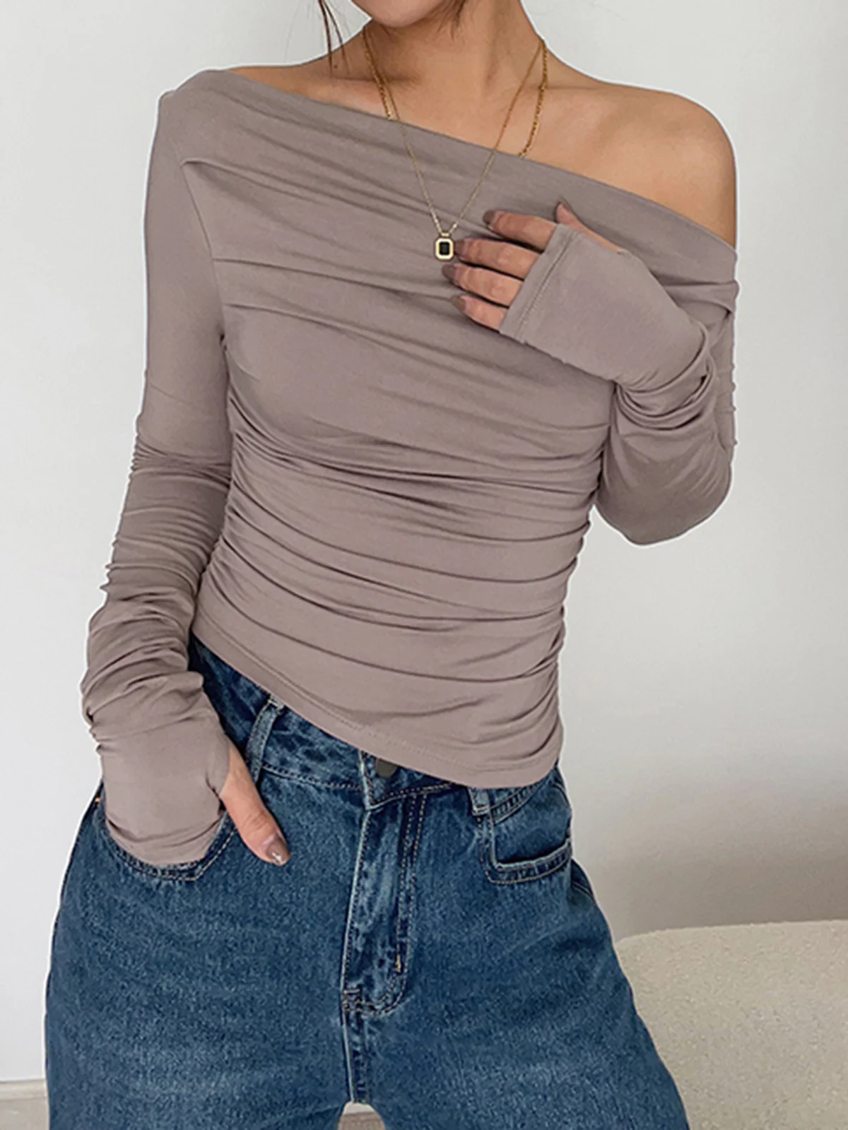 Asymmetrical Off Shoulder Long Sleeve Shirt - Takermore