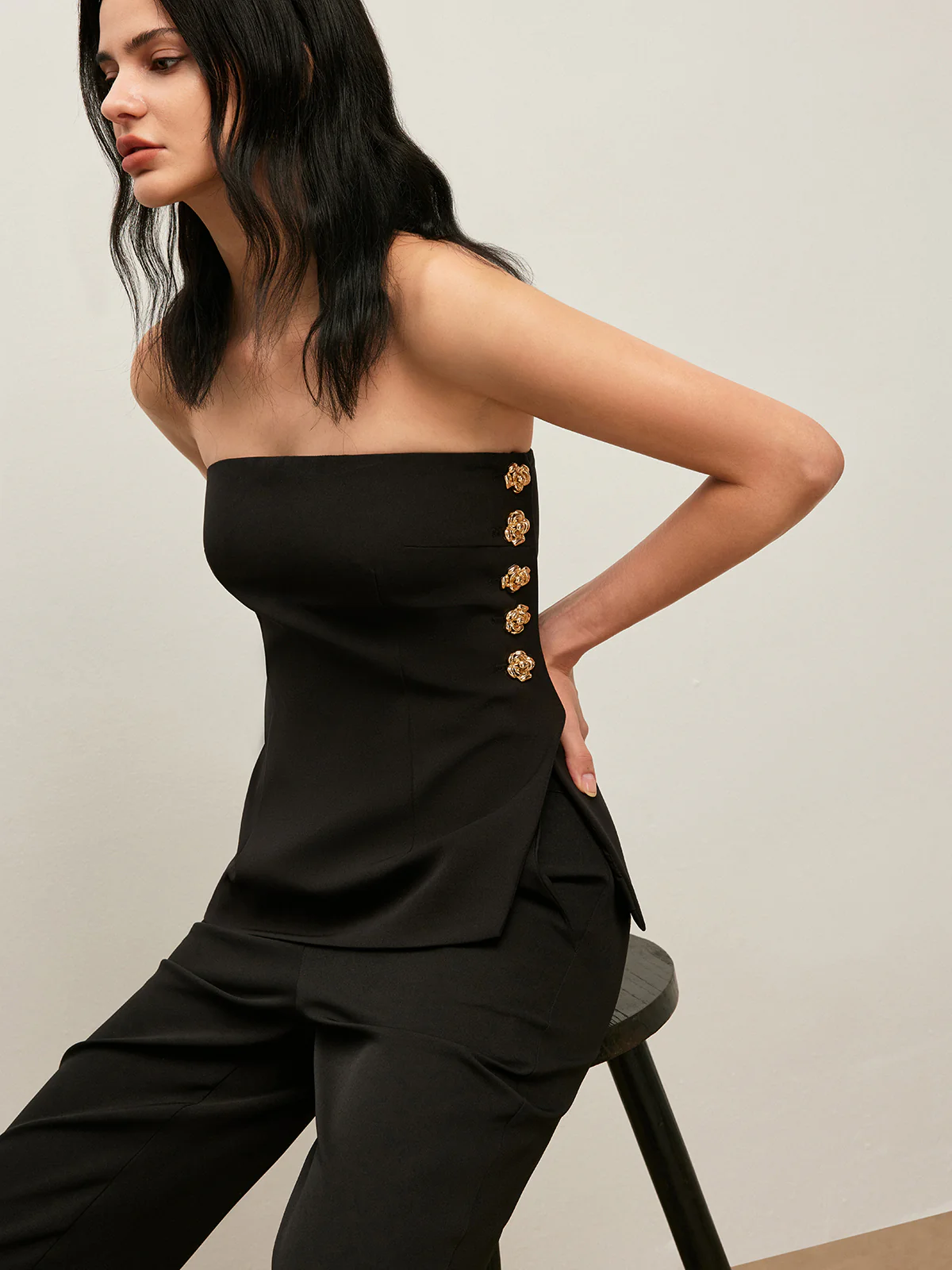 Side Button Detail Strapless Top - Takermore