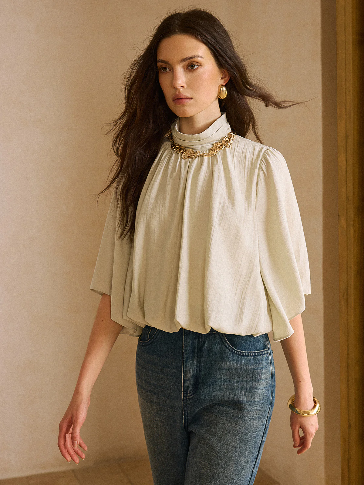 Elastic Hem Half-Sleeve Shirt - Takermore
