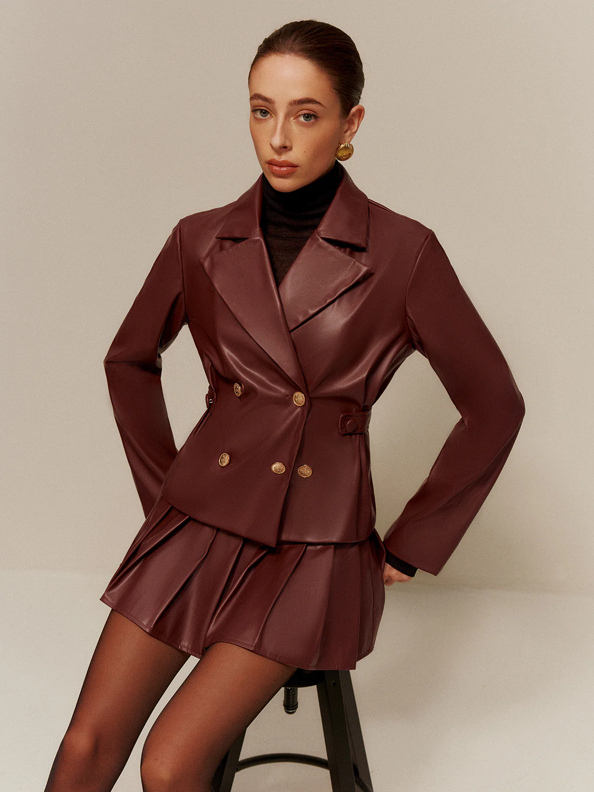 Faux Leather Pleated Skirt Set - Takermore