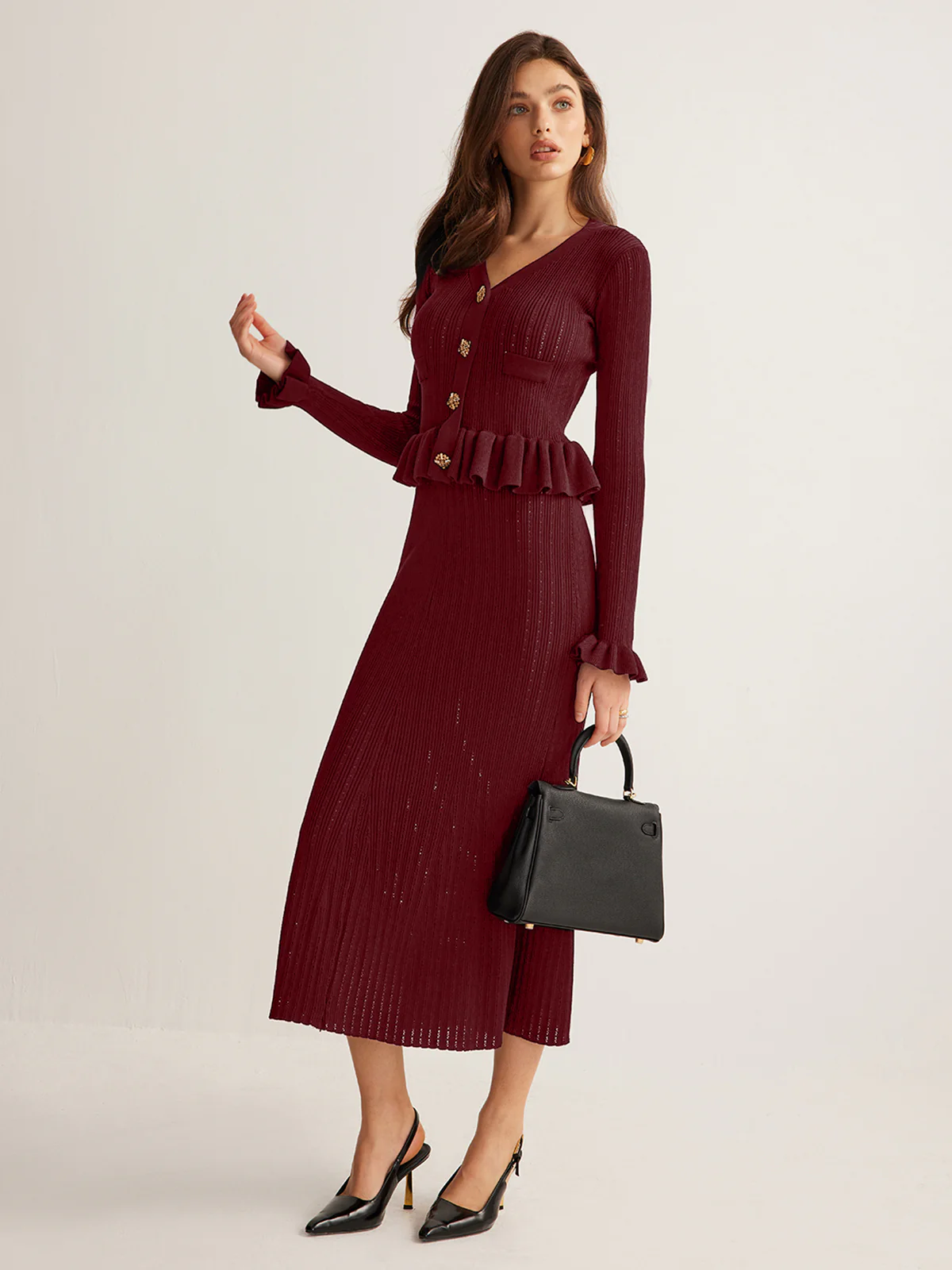 Ruffle Slim Sweater Dress - Takermore