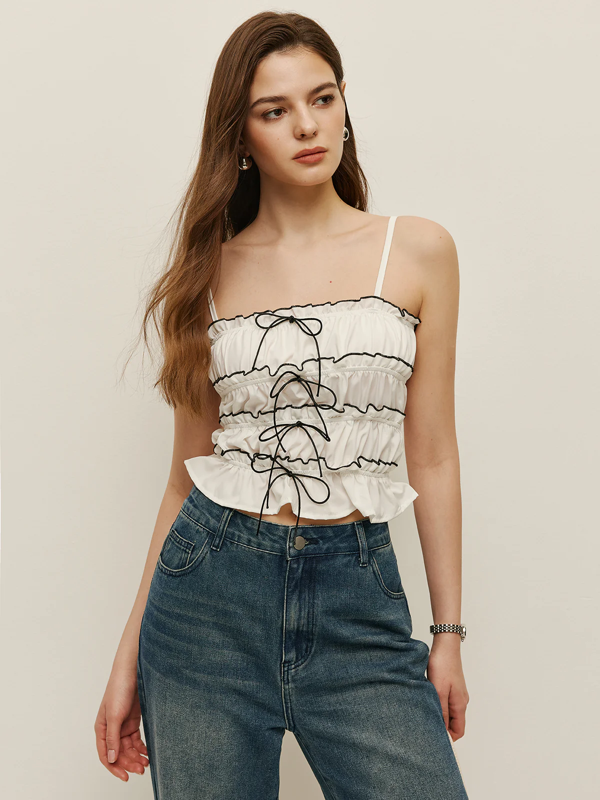 Ruched Contrast Trim Lace-Up Cami - Takermore