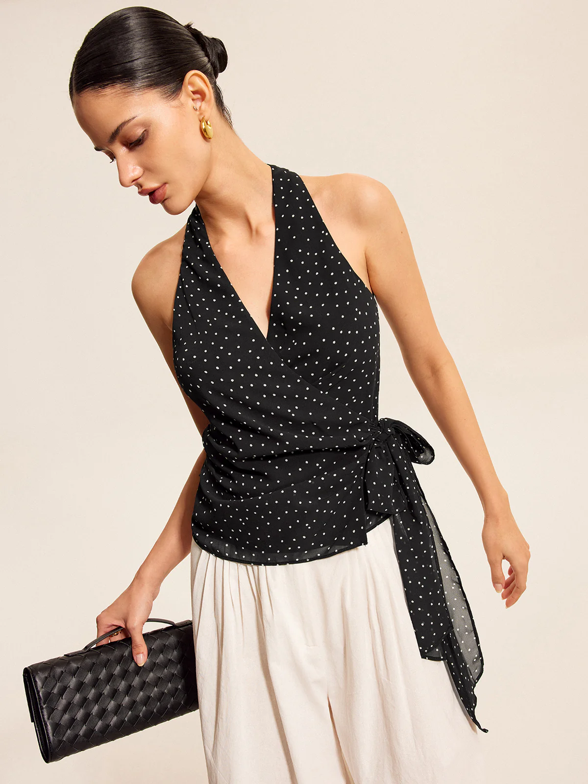 Polka Dot Wrap Tie Halter Top - Takermore