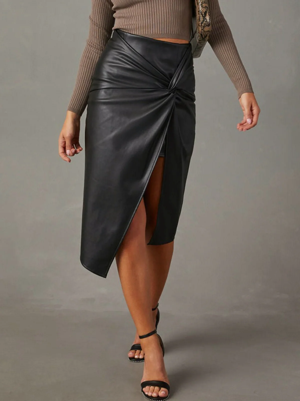 Knotted Slit Faux Leather Skirt - Takermore