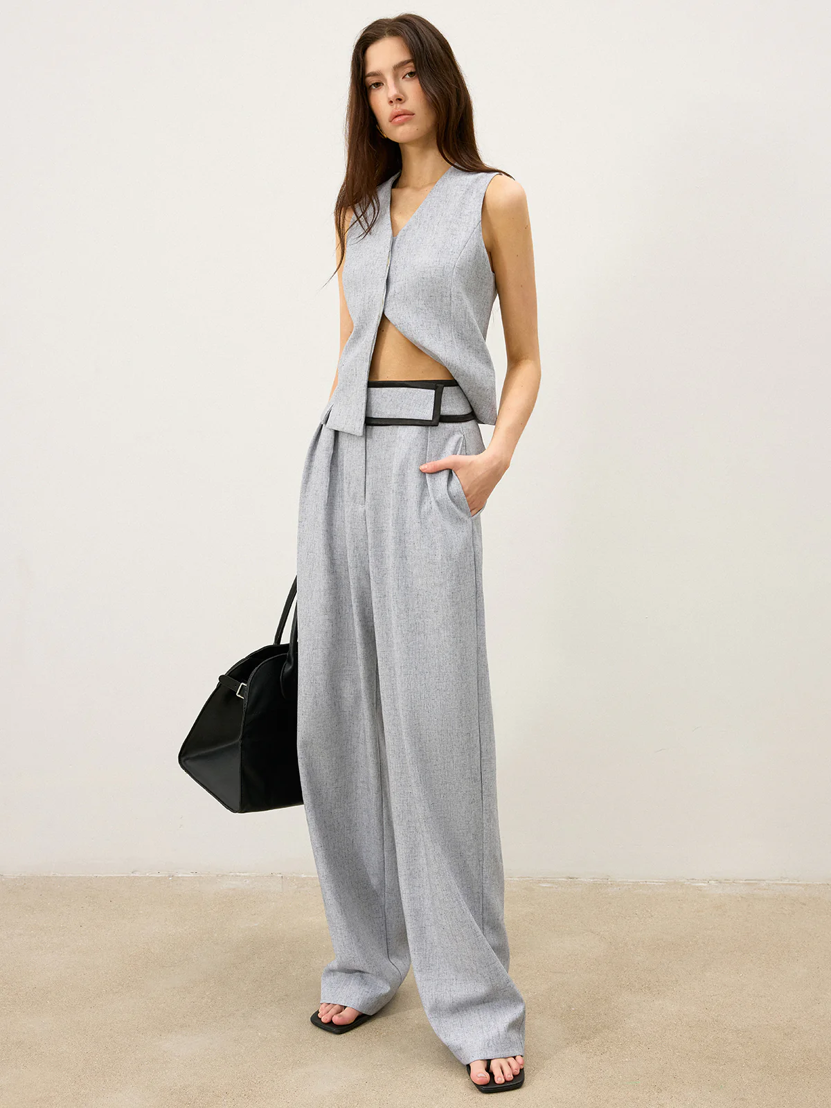 Contrast Waistband Wide - Leg Pants - Takermore