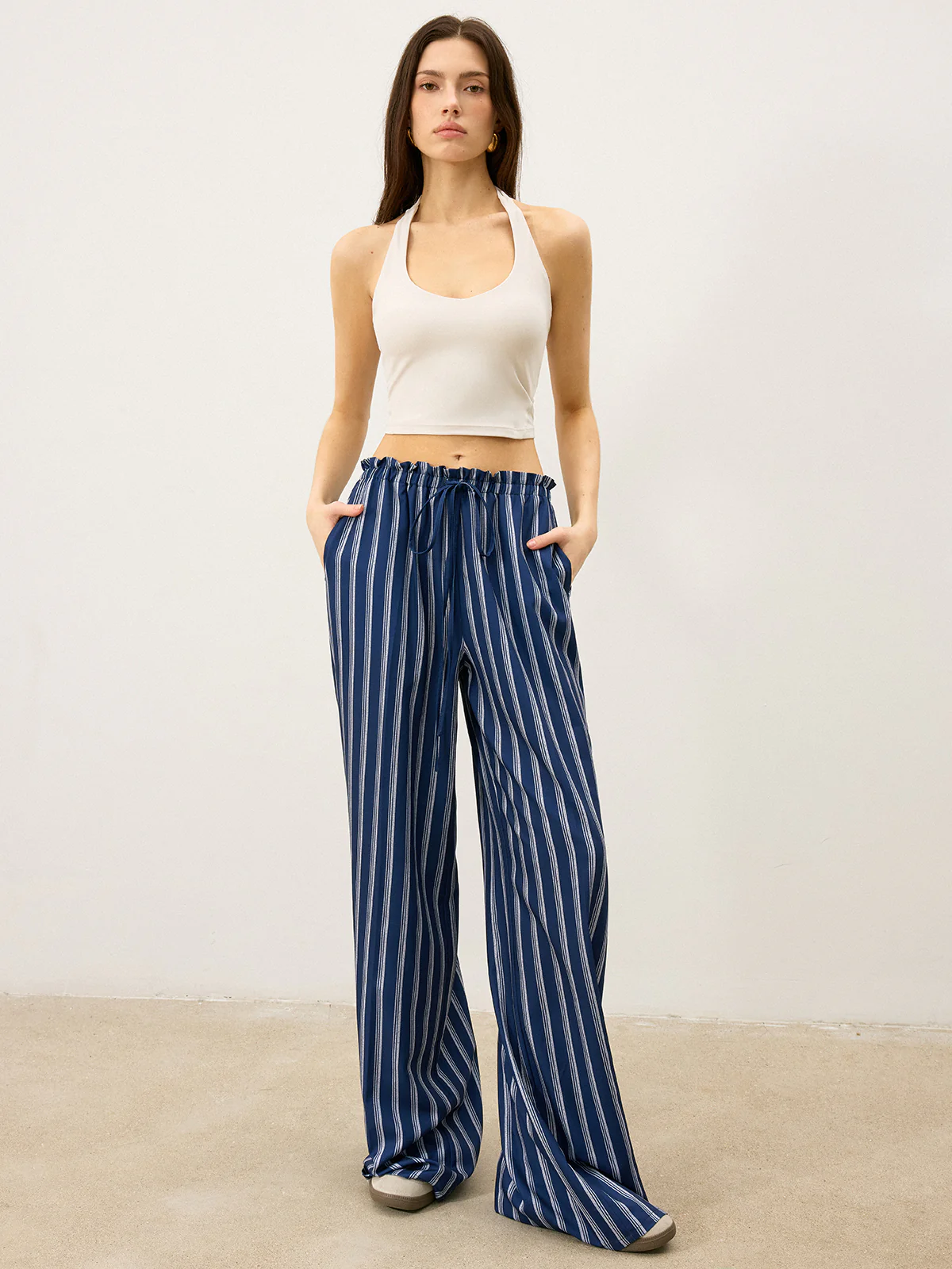 Striped Drawstring Wide-Leg Pants - Takermore