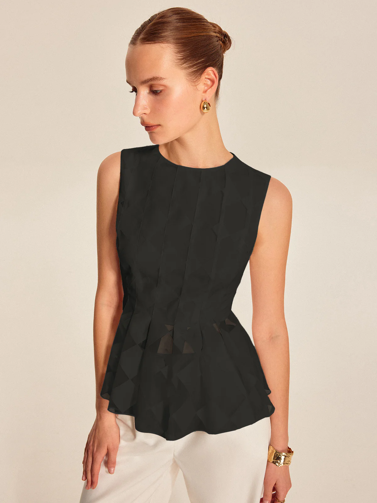 Semi-Sheer Geometric Peplum Top - Takermore