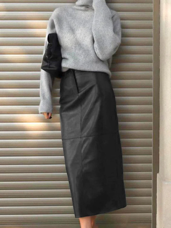 Piping PU Leather A-Line Skirt - Takermore