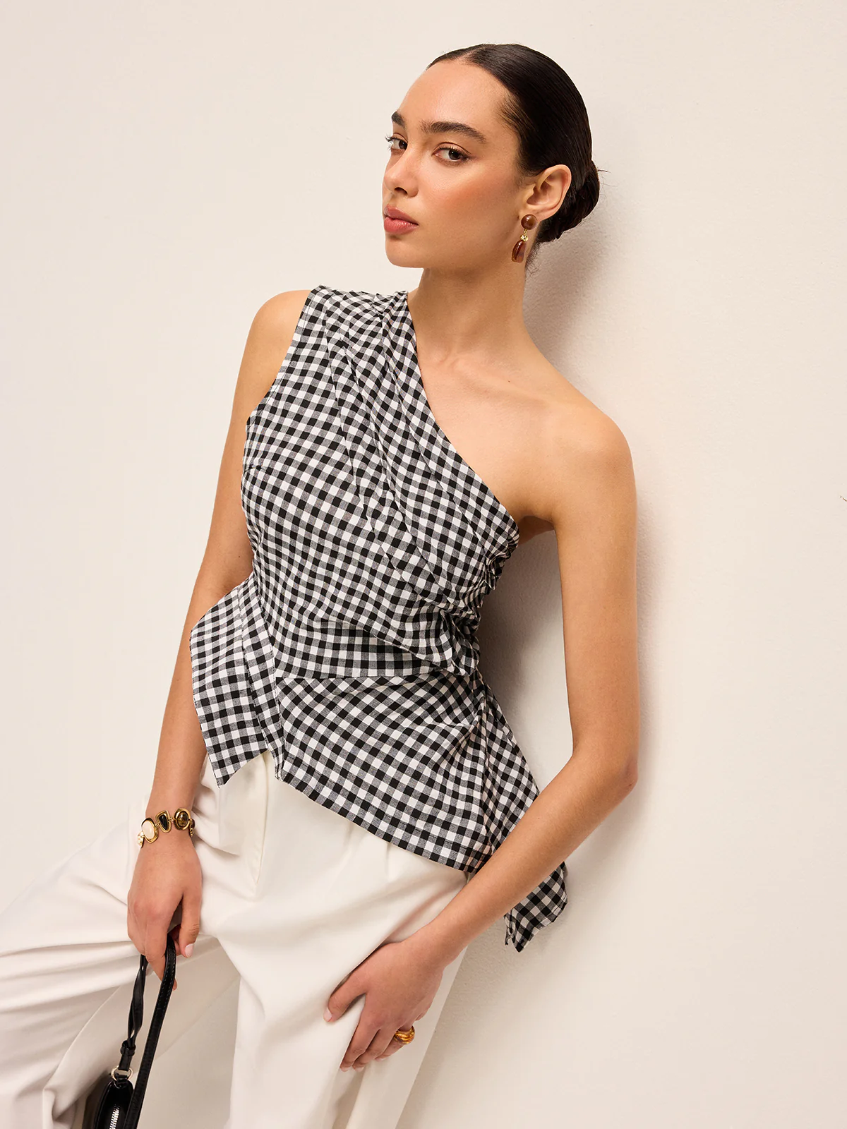 Asymmetrical Checkered One-Shoulder Tank Top - Takermore