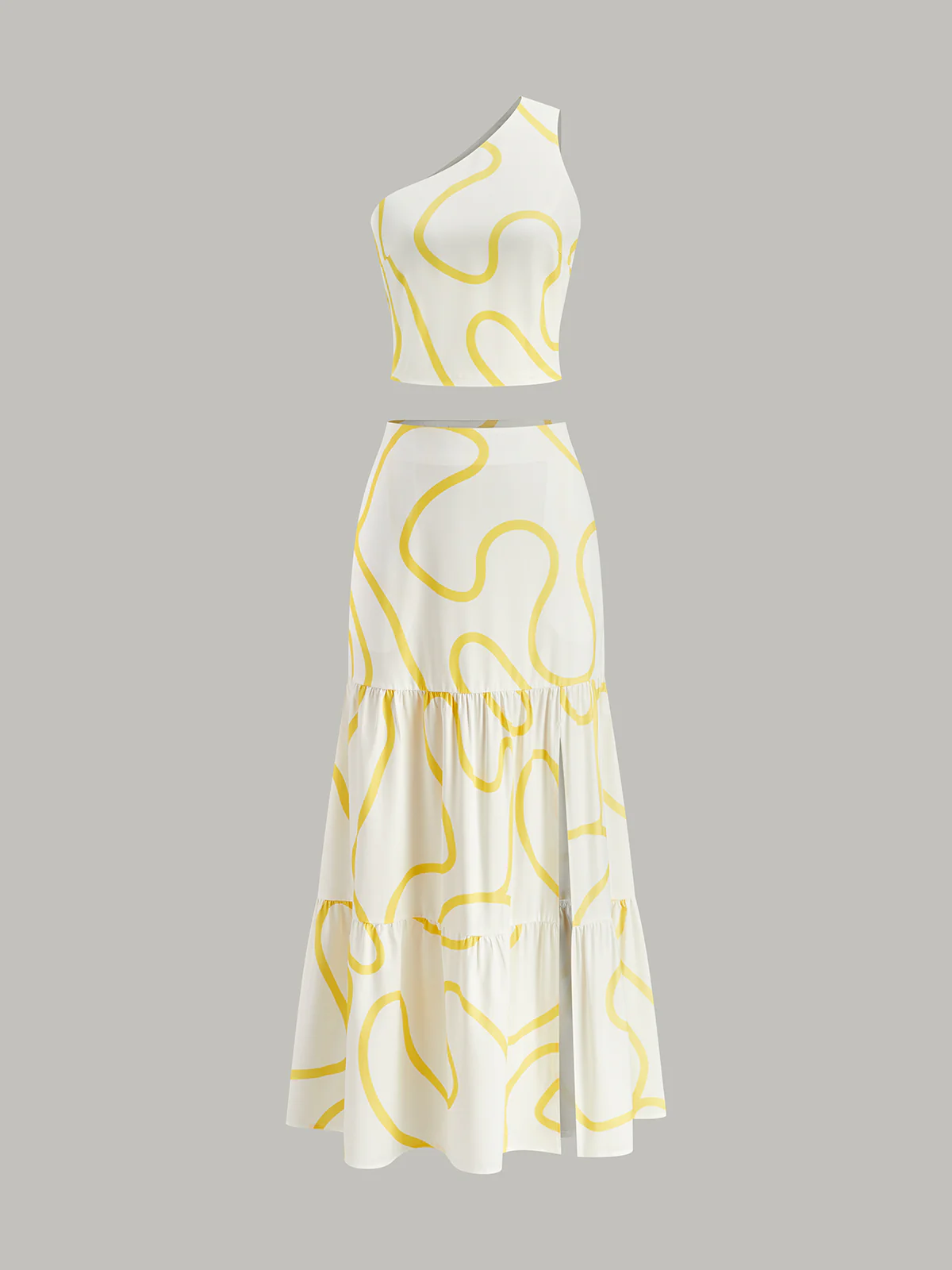 One-Shoulder Abstract Print Crop Top and Tiered Maxi Skirt Set - Takermore